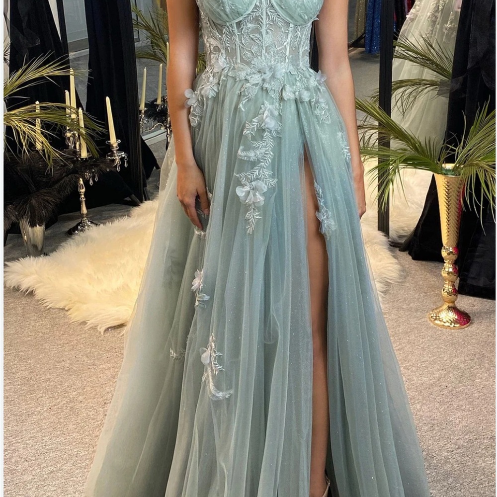 Gianni Bini Sage Green Strapless Gown.